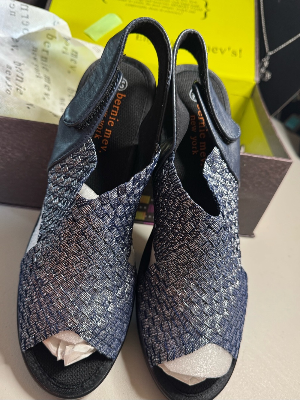 bernie mev. Black and Navy Woven Slingback Heels